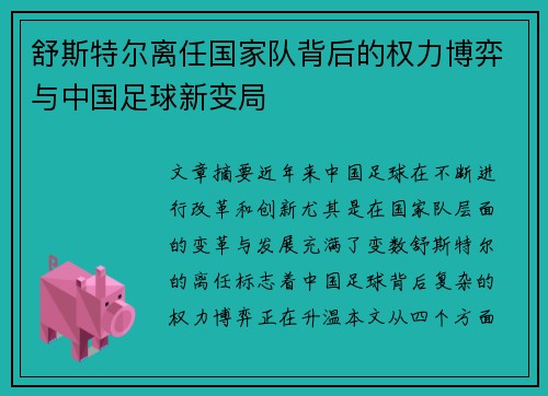 舒斯特尔离任国家队背后的权力博弈与中国足球新变局 舒斯特尔离任国家队背后的权力博弈与中国足球新变局